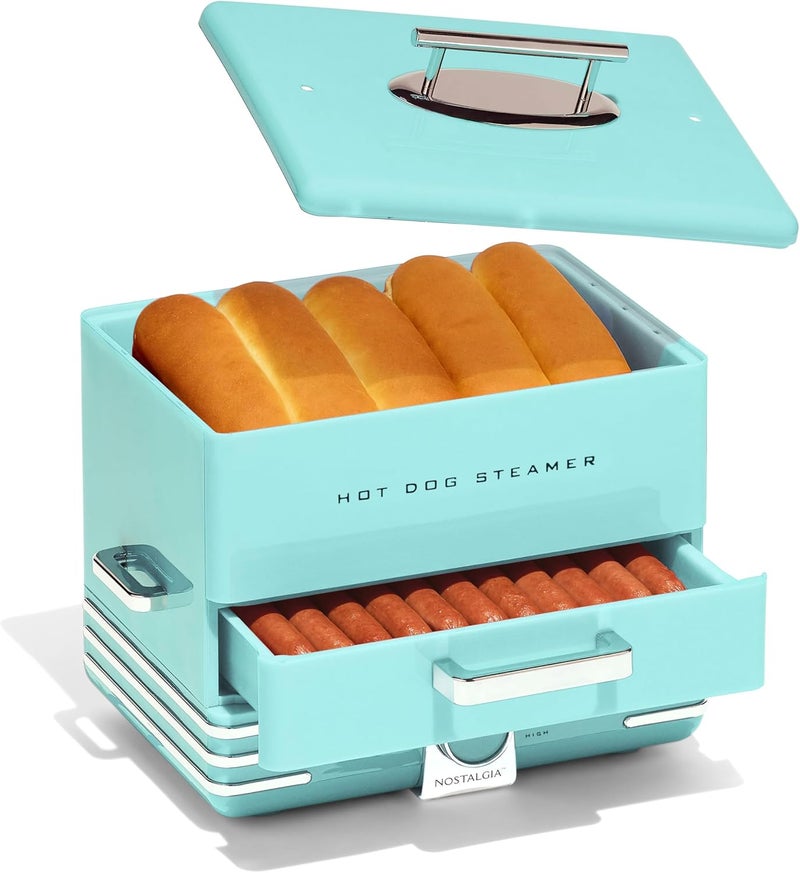 Nostalgia Extra Large Diner-Style Steamer, 20 Hot Dogs and 6 Bun Capacity, Perfect for Breakfast Sausages, Brats, Vegetables, Fish, Aqua - Image 1